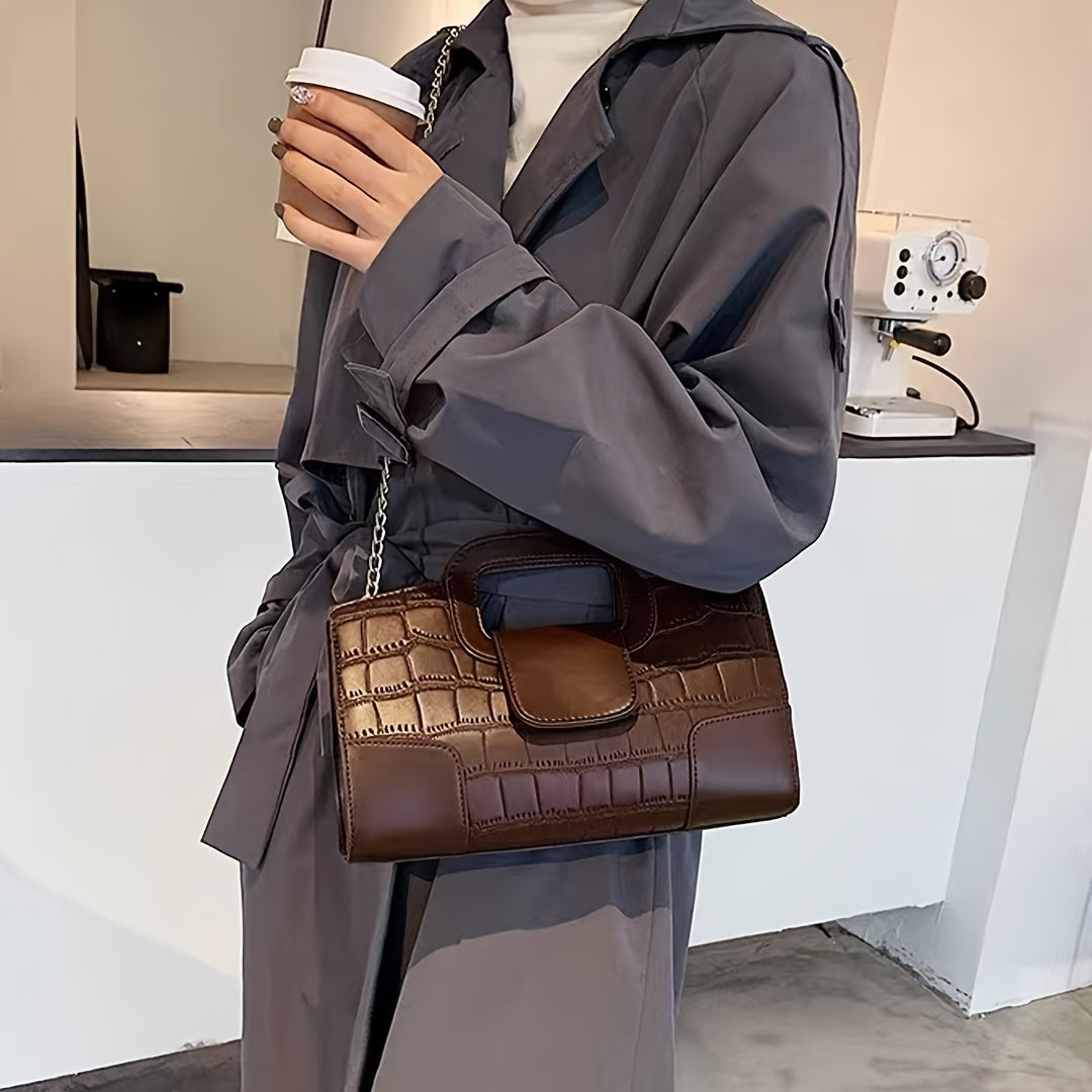 By 2025, the new brown crocodile pattern handbag will be a stylish and elegant crossbody bag for women, featuring a chain shoulder strap.