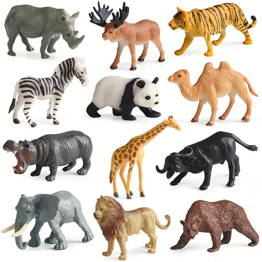 Wildlife animal figures set includes 12 realistic plastic miniature toys of tiger, lion, brown bear, elephant, and buffalo. Ideal for children ages 3-12 for science learning and cognitive