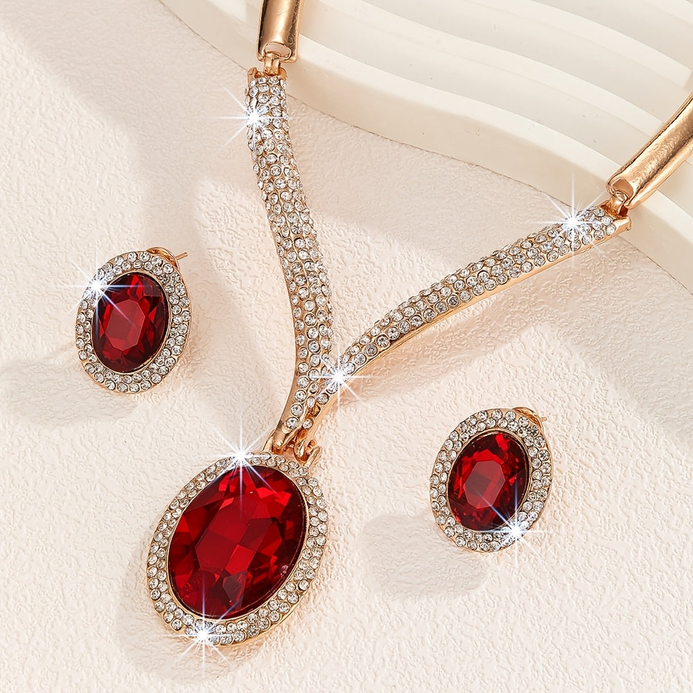 Luxurious 2-Piece Women's Jewelry Set in Middle Eastern Style featuring Red Sparkling Artificial Crystal Inlay. This set boasts an Exquisite and Elegant Design that is both Bold and Avant-garde. Perfect for Daily Wear, Parties, Weddings, and Festivals