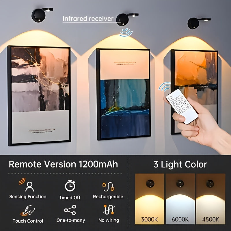 Rechargeable motion sensor LED wall lamp with remote control. Adjustable light. Easy installation, suitable for stairs, corridors, living room, and bedroom.