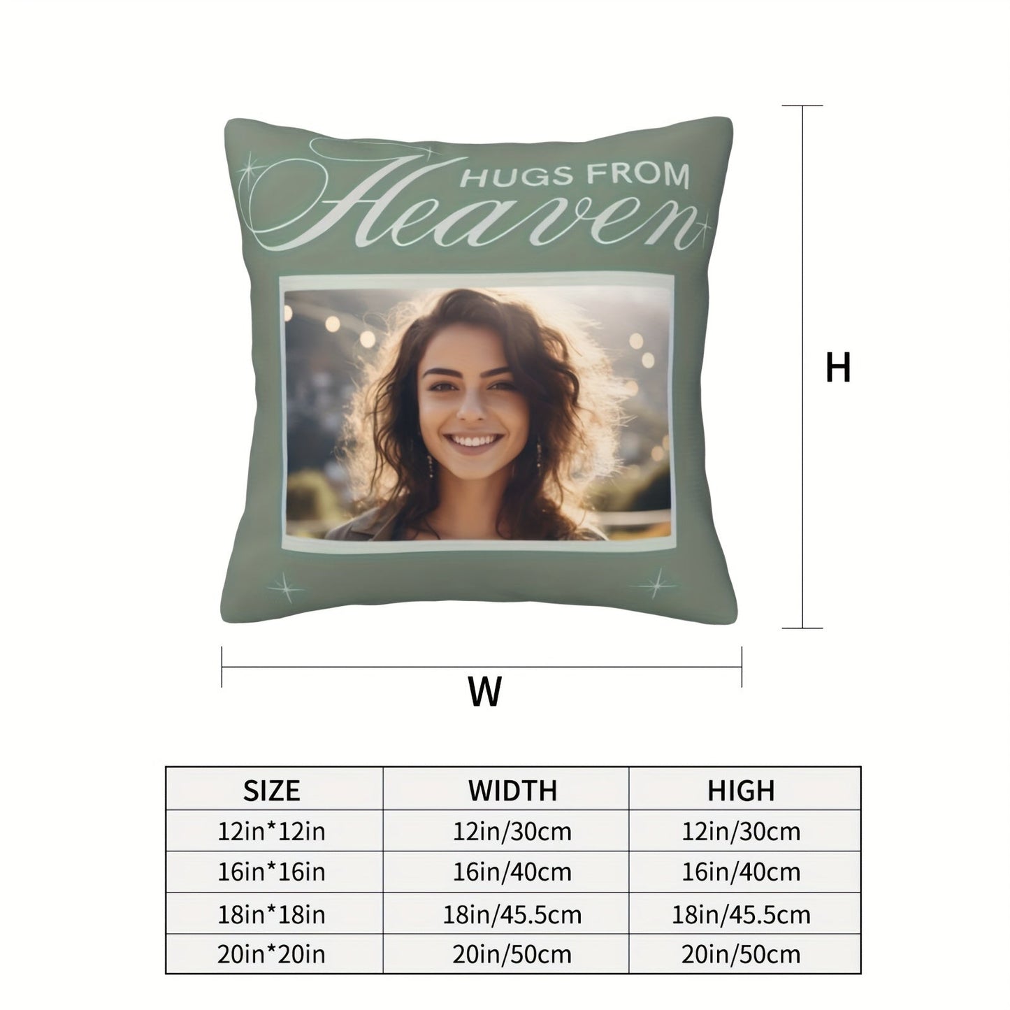 Customize your own photo pillowcase with "HUGS From Heaven" design - a special souvenir for your family, siblings, friends, and loved ones. Pillow core not included. Measures 45.72x45.72 cm with soft fabric and invisible zipper closure.