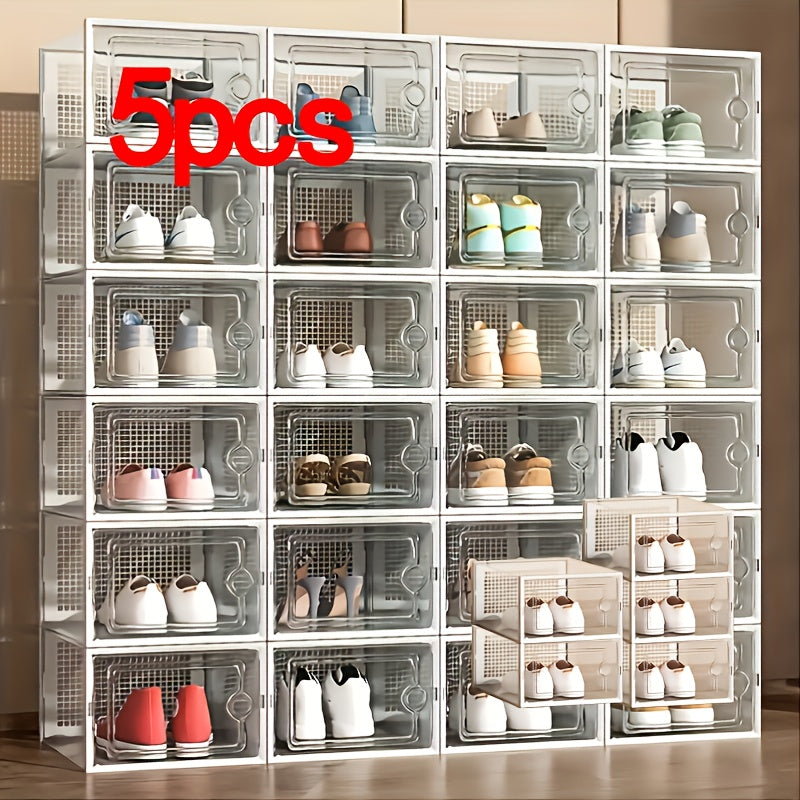 An assortment of clear plastic shoe containers in different dimensions, created for easy stacking and acting as multiple-tier shoe storage units that keep dust at bay. These adaptable shoe organizers are ideal for showcasing in homes and dorm rooms