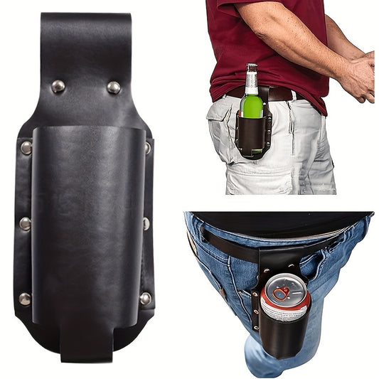 Durable beer holster for men holds 12 oz containers. Adjustable waist pack for on-the-go use. Perfect for travel and outdoor activities. Made of faux leather and polycarbonate.