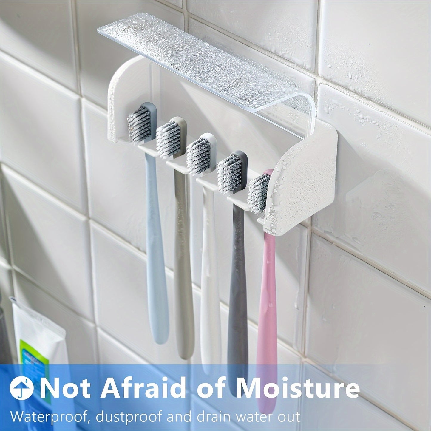 Wall mounted toothbrush holder holds up to 5 toothbrushes, no electricity required, ideal for dorms and showers.