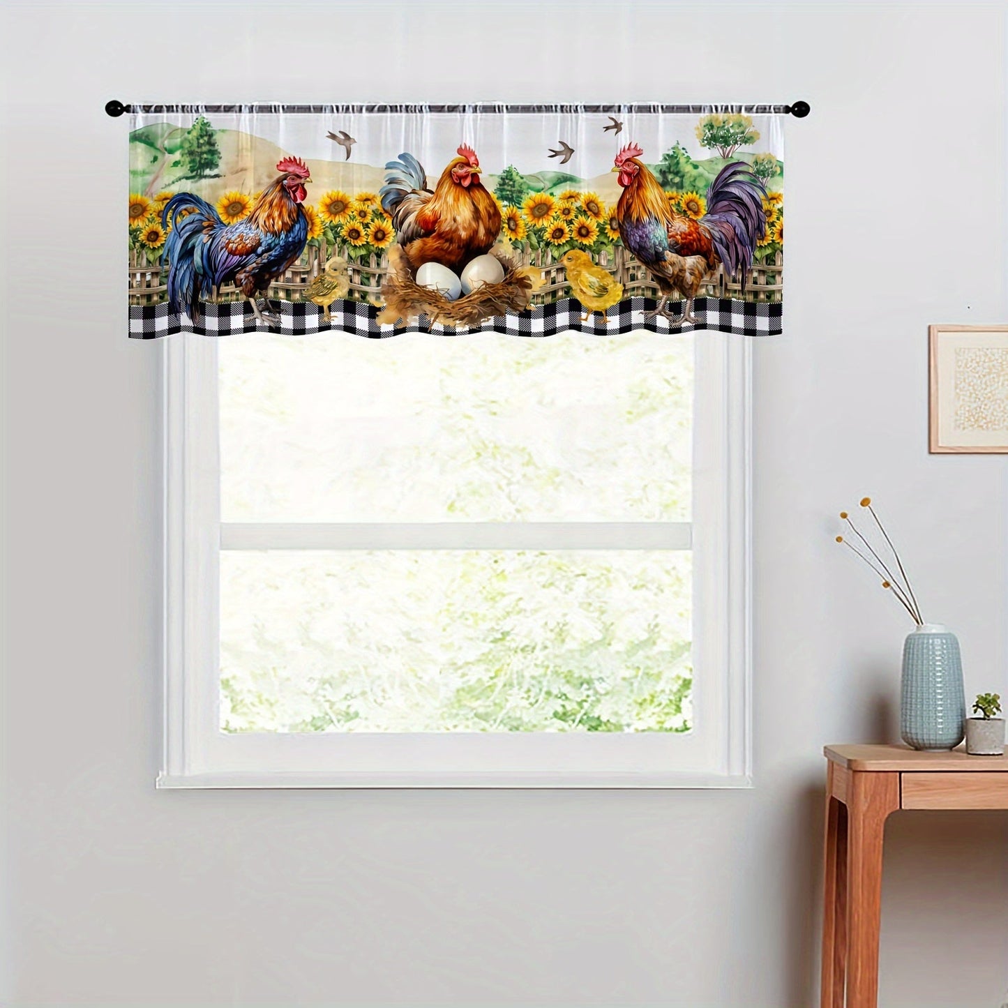 Rustic Farmhouse Chicken and Sunflower Curtain Set - 1 Valance and 2 Tiers, Pastoral Style, Rod Pocket Tulle Curtains for Bedroom, Office, Kitchen, Living Room, Study - Home Decor Window Decoration