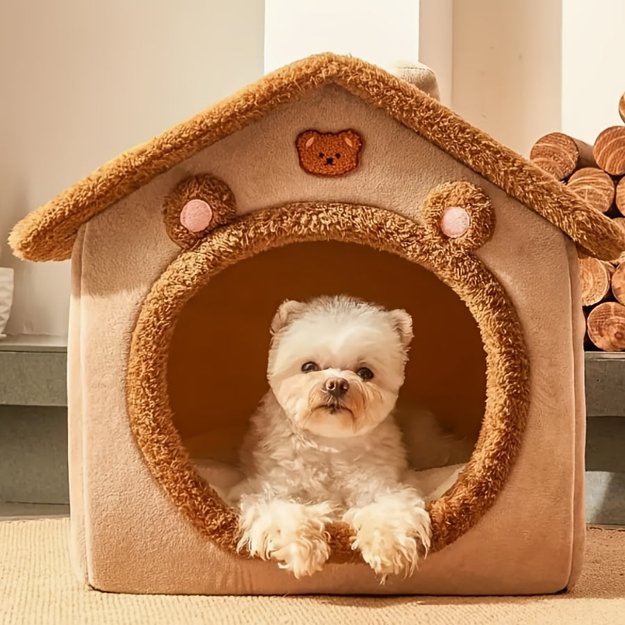 Detachable and washable cat bed with soft plush interior, suitable for cats and small dogs. Easy assembly and cute design for winter warmth.