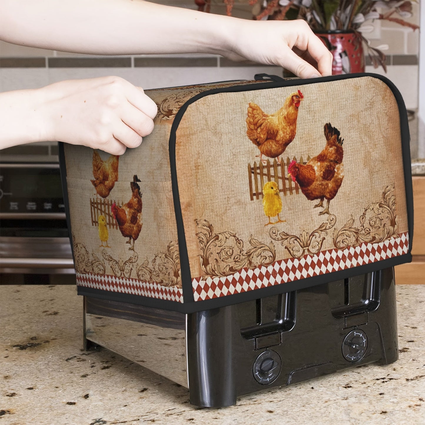 One piece of Vintage Rooster Print Toaster Cover and two pieces of Wide Slot Toaster Cover. These stylish covers are designed to protect your small kitchen appliances and keep them clean. They are easy to clean and a convenient storage solution for your