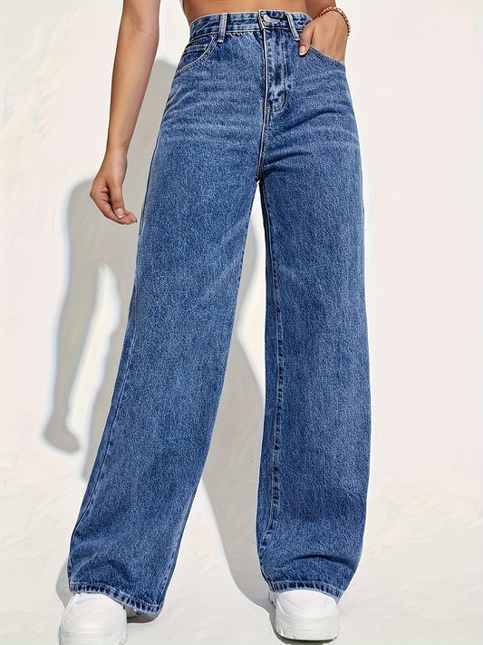 Women's high rise denim jeans with button fly and straight leg.