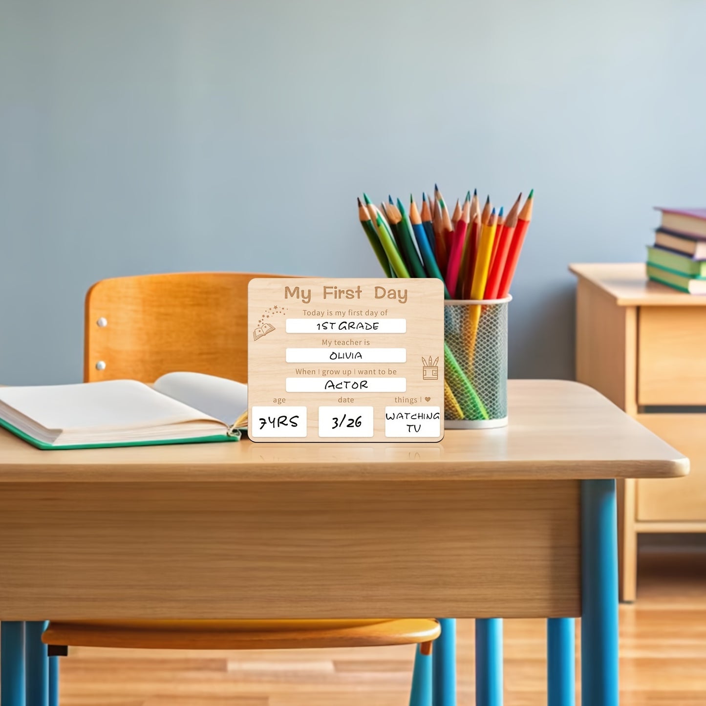 Wooden milestone board for back-to-school memories, reusable photo prop in white for boys and girls.