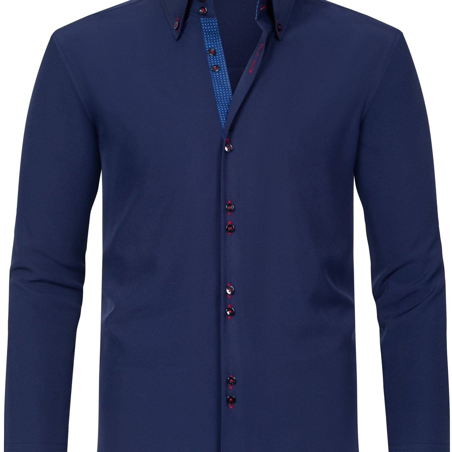 Men's stylish light blue long sleeve double breasted shirt with floral print cuffs and classic collar. Made of breathable polyester blend for comfortable wear in spring/fall. Versatile