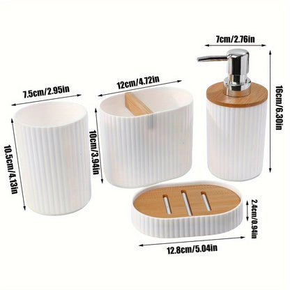 4-piece Bamboo Lid Bathroom Set includes press-to-pump dispenser bottles, toothbrush holder, soap dish, mat, and plastic storage organizer rack.