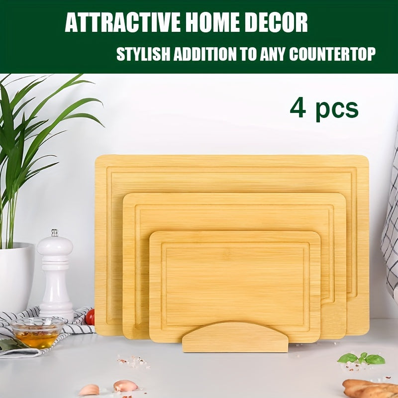 Set of four bamboo cutting boards with holder - Premium kitchen chopping boards for fruits, vegetables, and meats. Perfect addition to any kitchen.