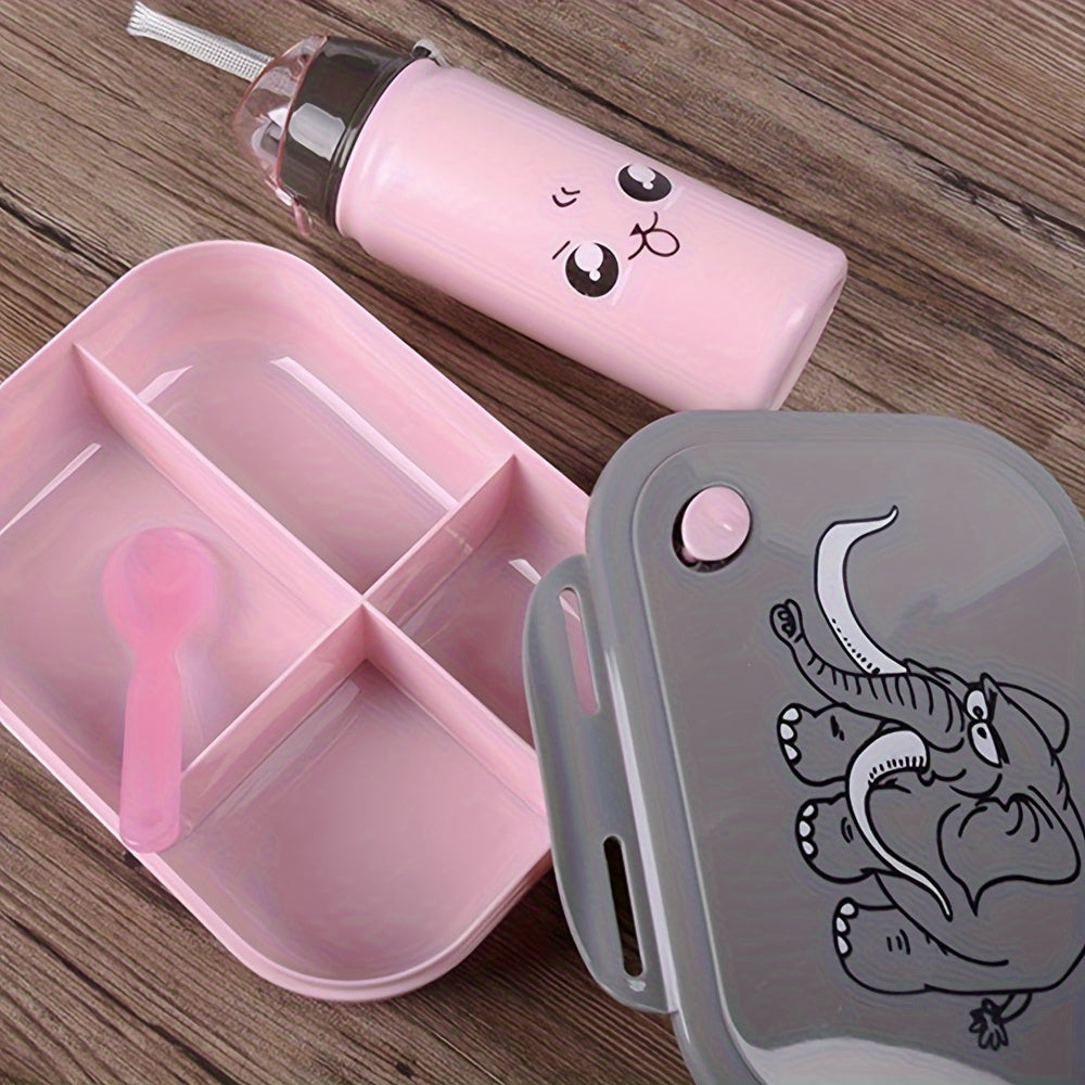 Cartoon Elephant Lunch Box Set with Water Bottle and Spoon, 1 Piece - Hand Wash Only, Made of Plastic, Rectangle Shape, Manual Operation, No Electricity Needed