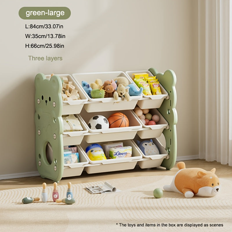 3-tier storage organizer with bins for toys, books, and clothes. Ideal for playroom and bedroom.