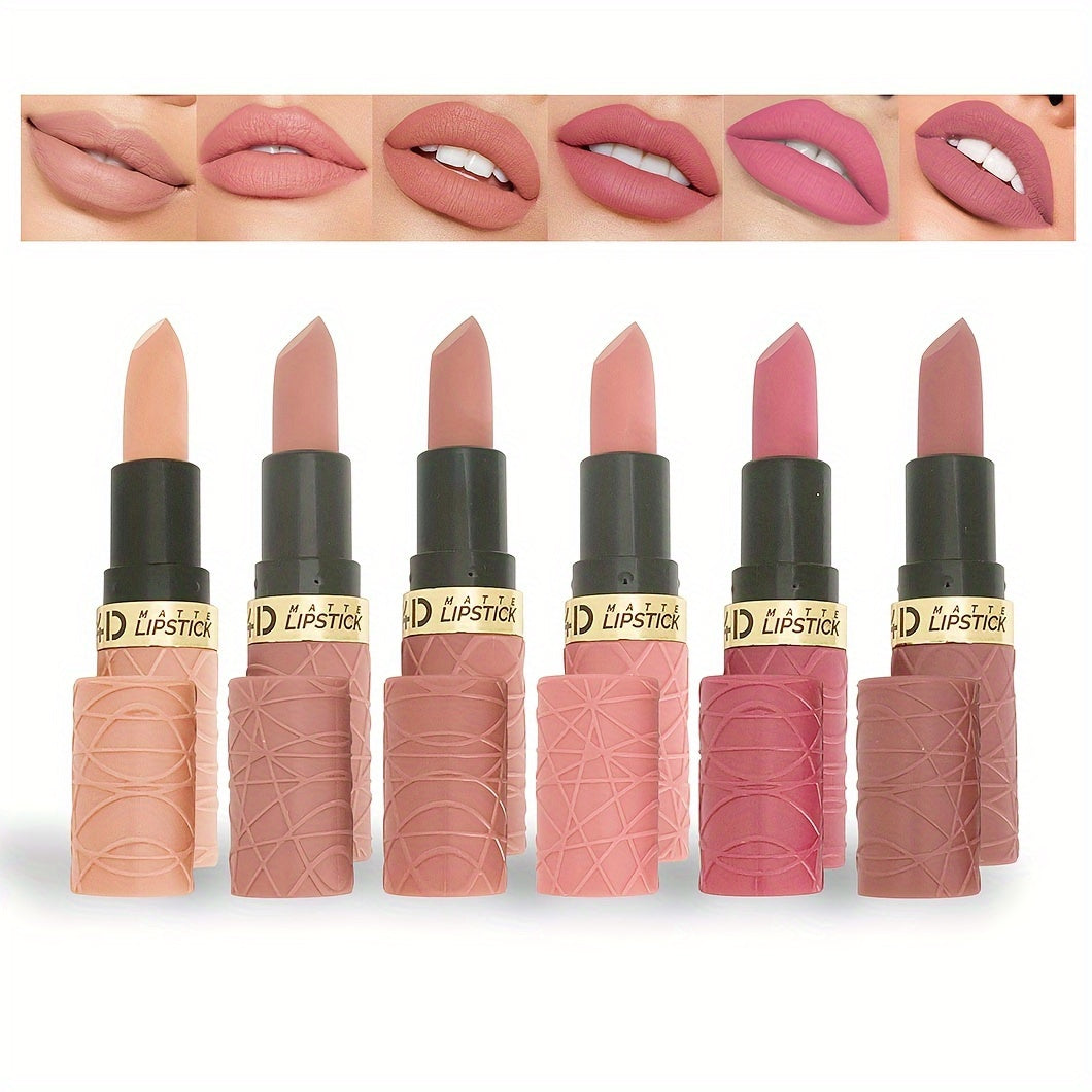 Set of 6 new foreign trade matte lipstick in modern brown-red, long-lasting formula. Includes 12 shades of nude bean paste.