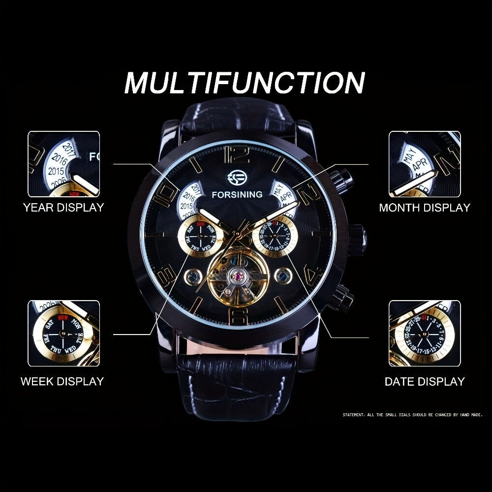 Exquisite Tourbillon Fashion Men's Automatic Mechanical Watch with Stunning Wave Design in Black and Gold, Featuring Multifunction Dial Display on Wristwatch