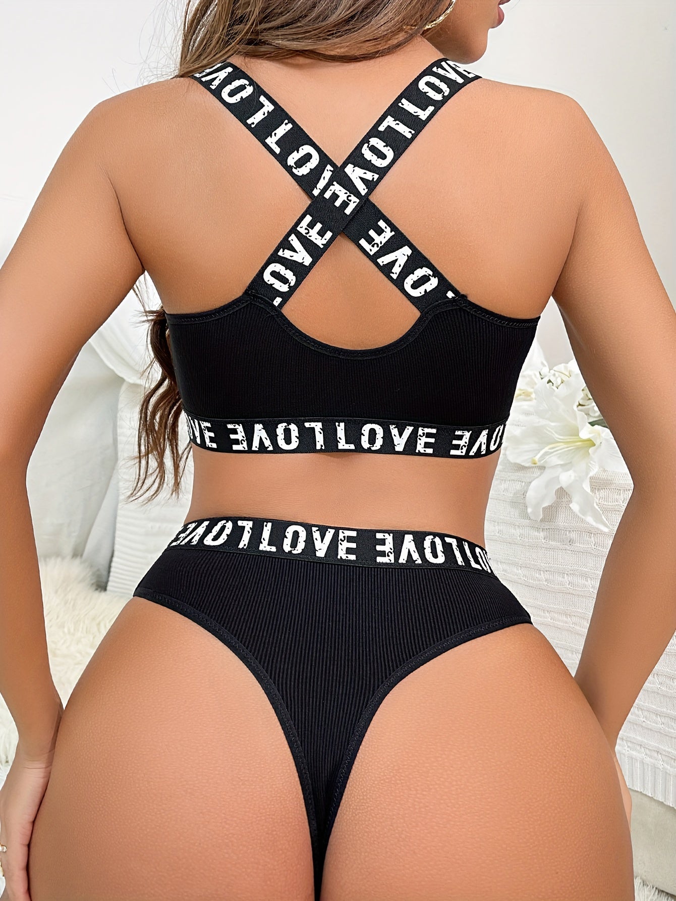 Printed letter bra and panties with criss-cross back, elastic panties set for women.