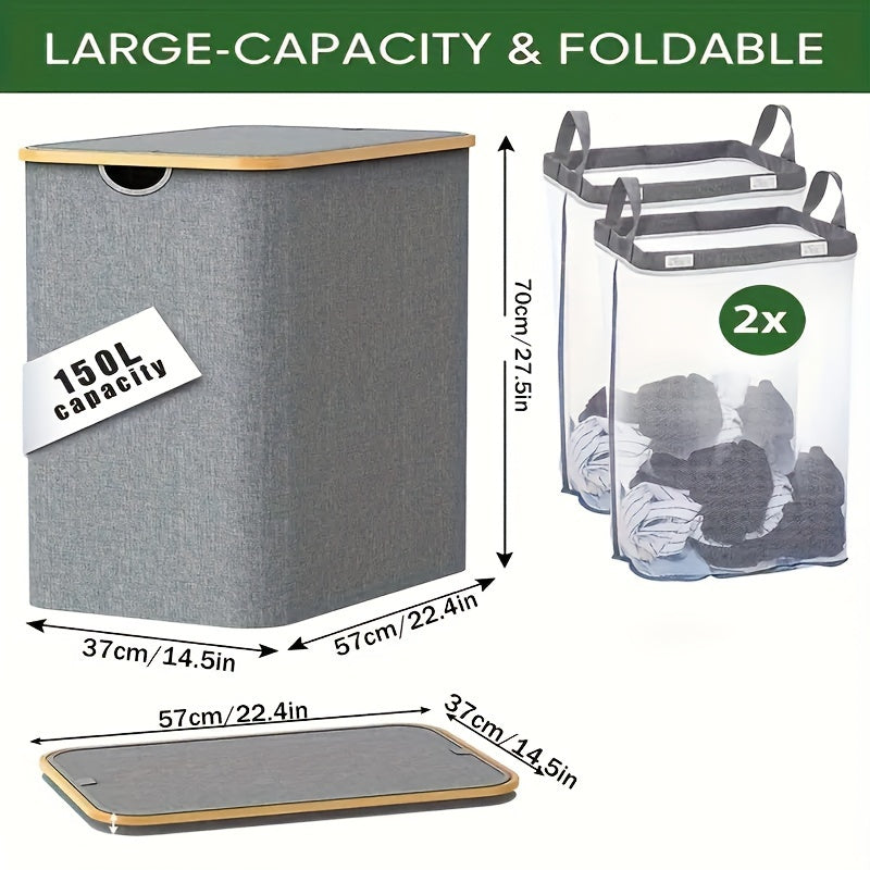 Large laundry hamper with lid and two detachable bags, perfect for organizing dirty clothes in laundry rooms, bathrooms, and dormitories. This foldable laundry basket is ideal for home organization and back to school supplies.