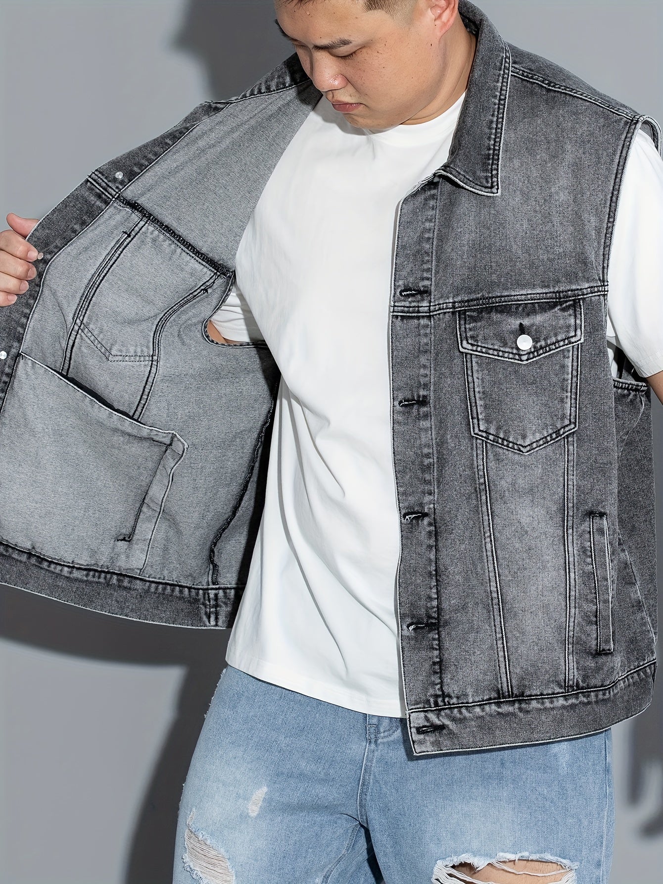 Men's sleeveless denim vest with flap pockets, button closure, lapel collar. Machine washable. Ideal for spring/summer/fall. Plus size.