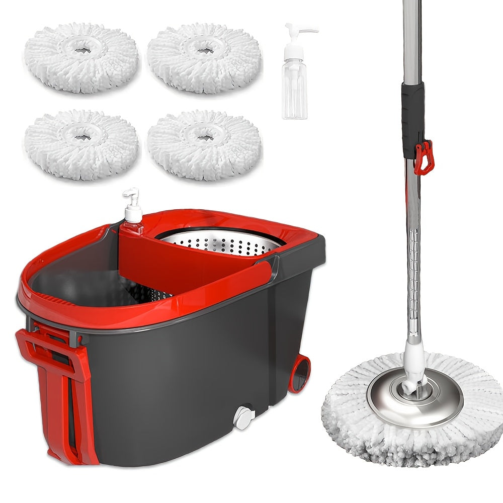 Premium Spin Mop and Bucket Set with Wrist Strap, Includes 4 Microfiber Replacement Heads, 2 Rolling Wheels, Hands-Free Floor Cleaning Kit for Living Room, Bedroom, Bathroom, and Kitchen - Made with Long-lasting Plastic Material