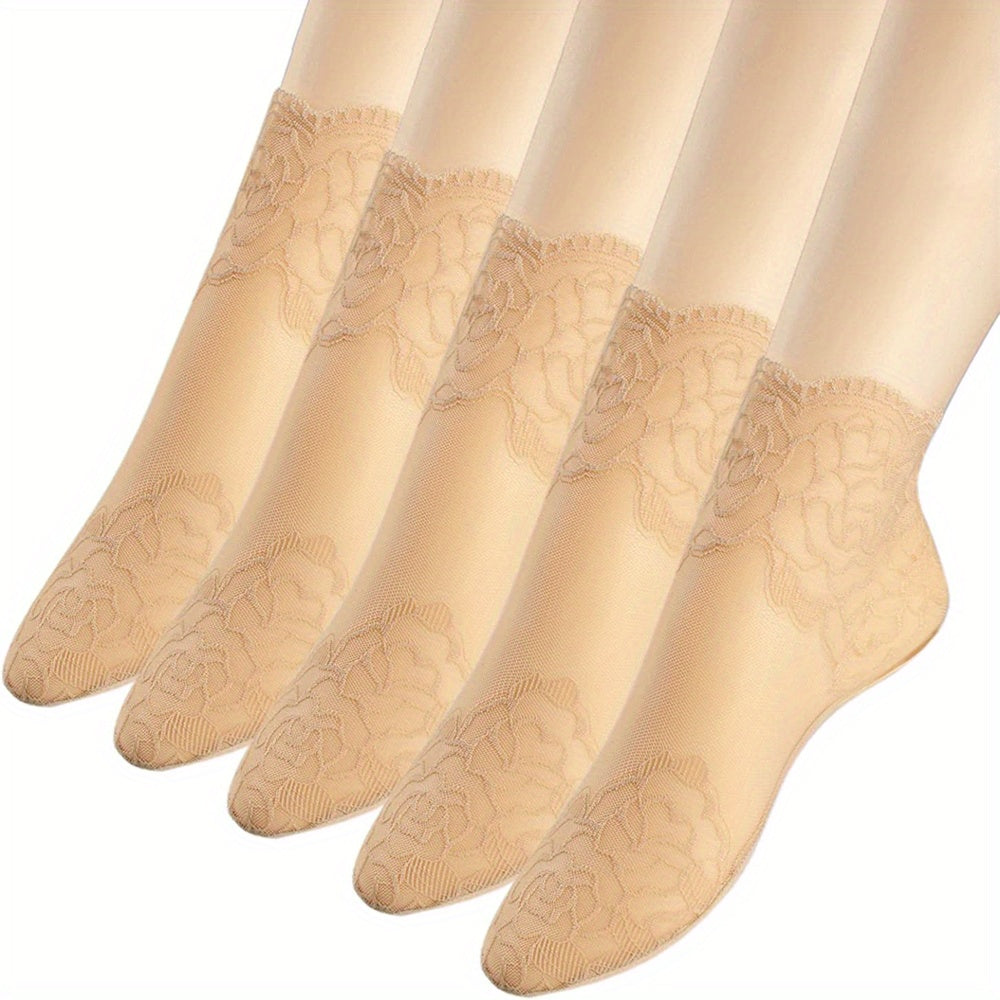 5 pairs of women's invisible boat socks featuring geometric-pattern lace floral trim, made of 95% polyester and 5% spandex knit fabric. Hand washable with contrast lace ankle socks.