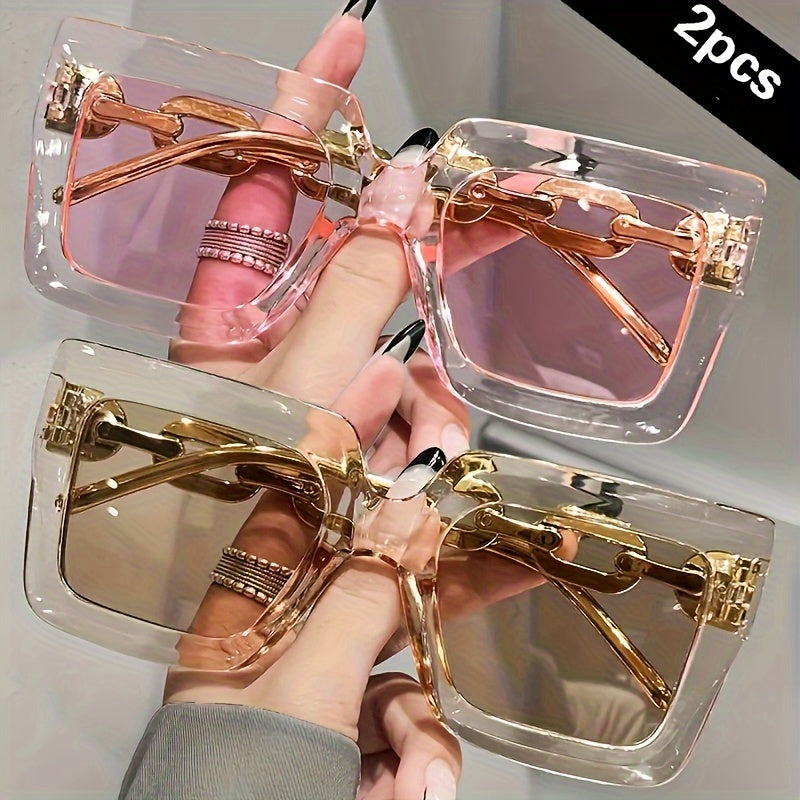 Two pairs of oversized fashionable glasses for women with large square frames, ideal for beach parties and travels.