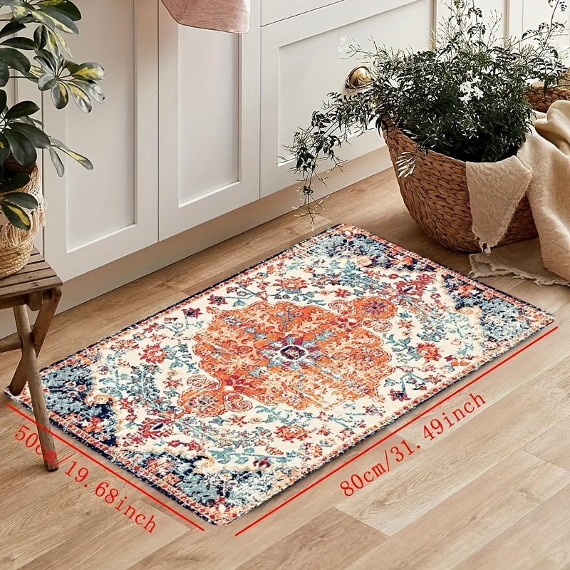 An antique bohemian patterned rug that can be used as a kitchen mat, outdoor carpet, entrance doormat, bathroom mat, non-slip kitchen mat, pet feeding mat, and feeding pad.