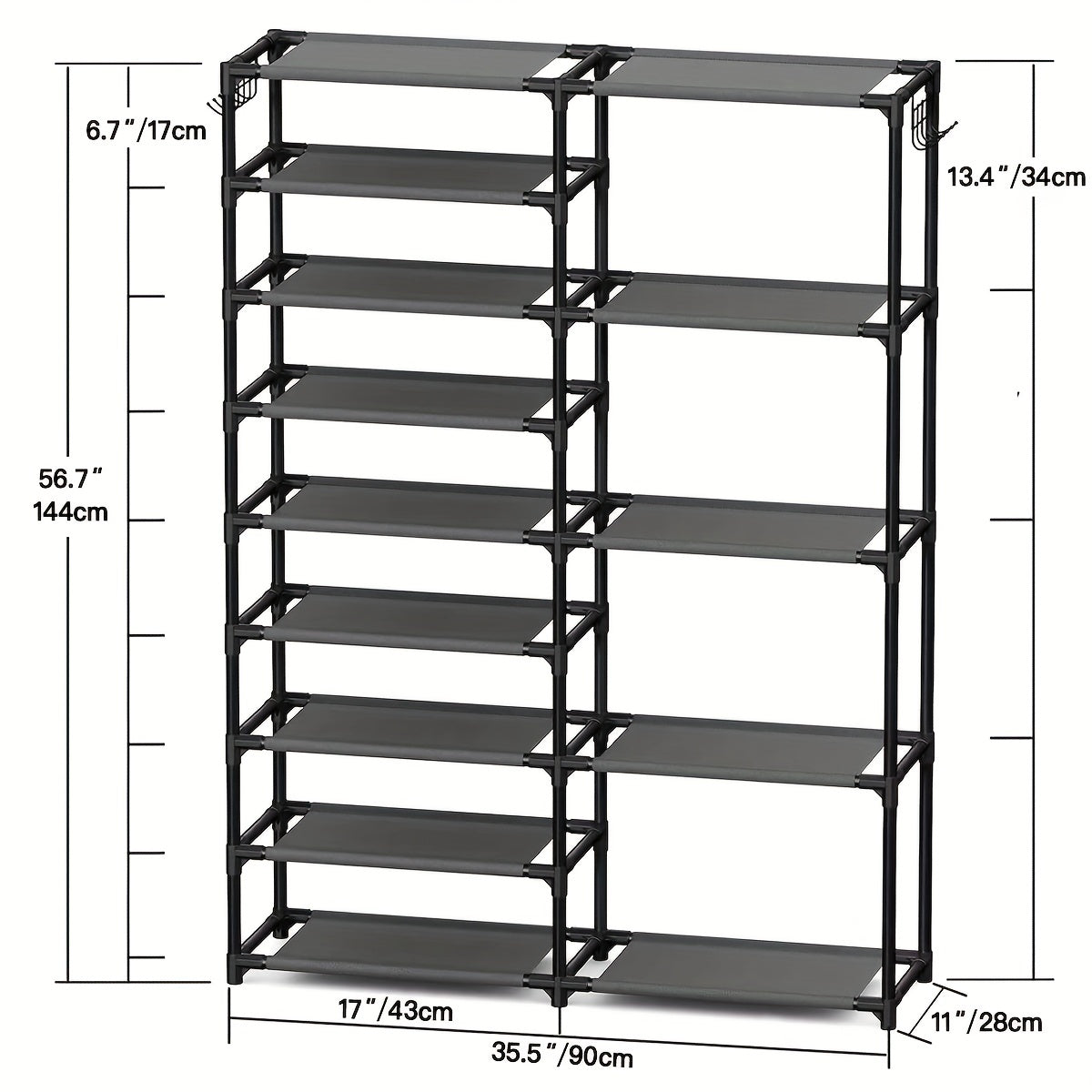 Description: This black shoe rack has a tall design with a large capacity for up to 24-35 pairs of shoes. It features two rows of multifunctional hooks for added organization and storage. Perfect for organizing your shoes in the garage or any other