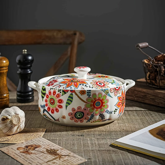 Traditional Chinese Style Soup Pot with Double Handles, featuring a Floral Pattern and Lid, made of Ceramic