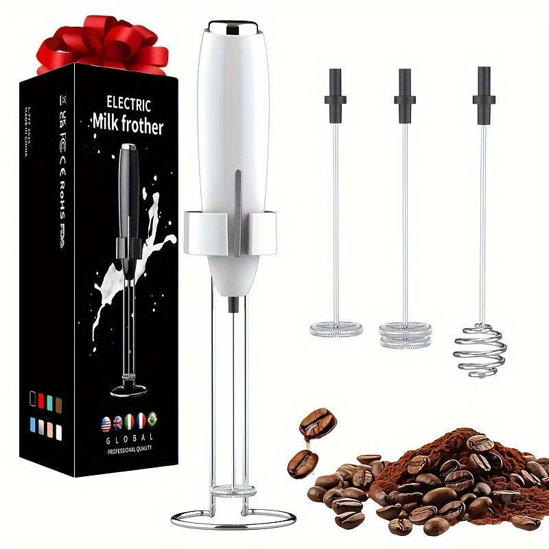 Battery operated handheld milk frother for creating creamy foam in drinks, perfect for coffee and cappuccinos.