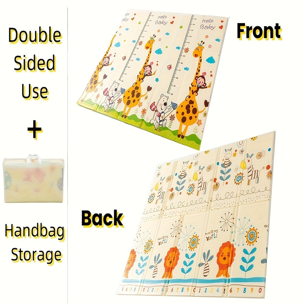 Foldable Large PE Baby Playmat with Reversible Animal and Nature Design - Non-Toxic, Easy to Clean - Suitable for Ages 0-3 Years - Includes Handbag Storage