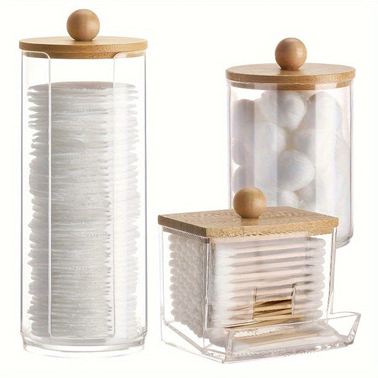 3-piece Boho Chic Swab Holder Set with Bamboo Lids for Bathroom Storage.