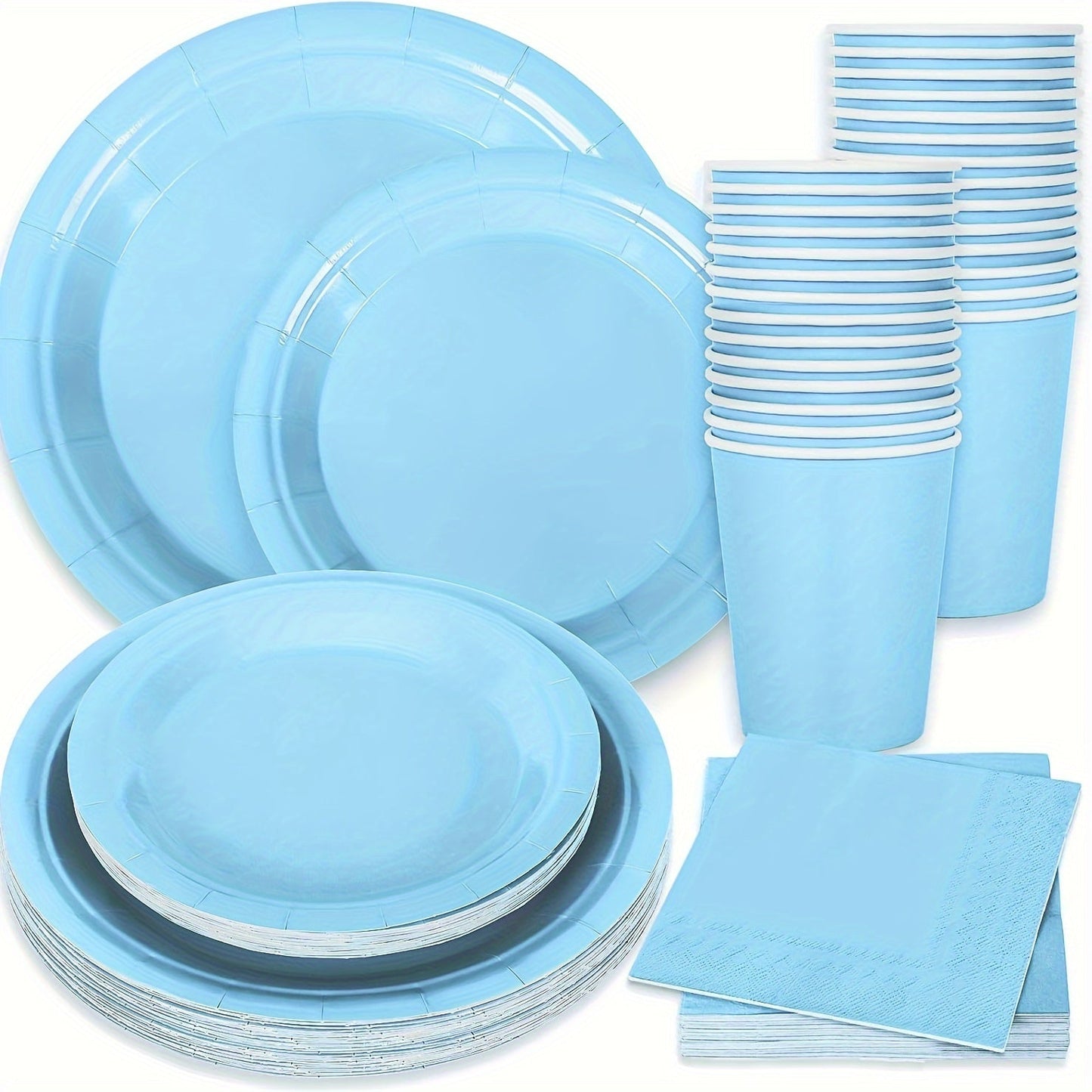 10 pieces or 20 pieces of light blue party supplies including blue paper plates, cups, and napkins. Perfect for blue showers, birthdays, weddings, parties, family picnics, and decorations. These disposable dinnerware items come in 17.78cm and 22.86cm