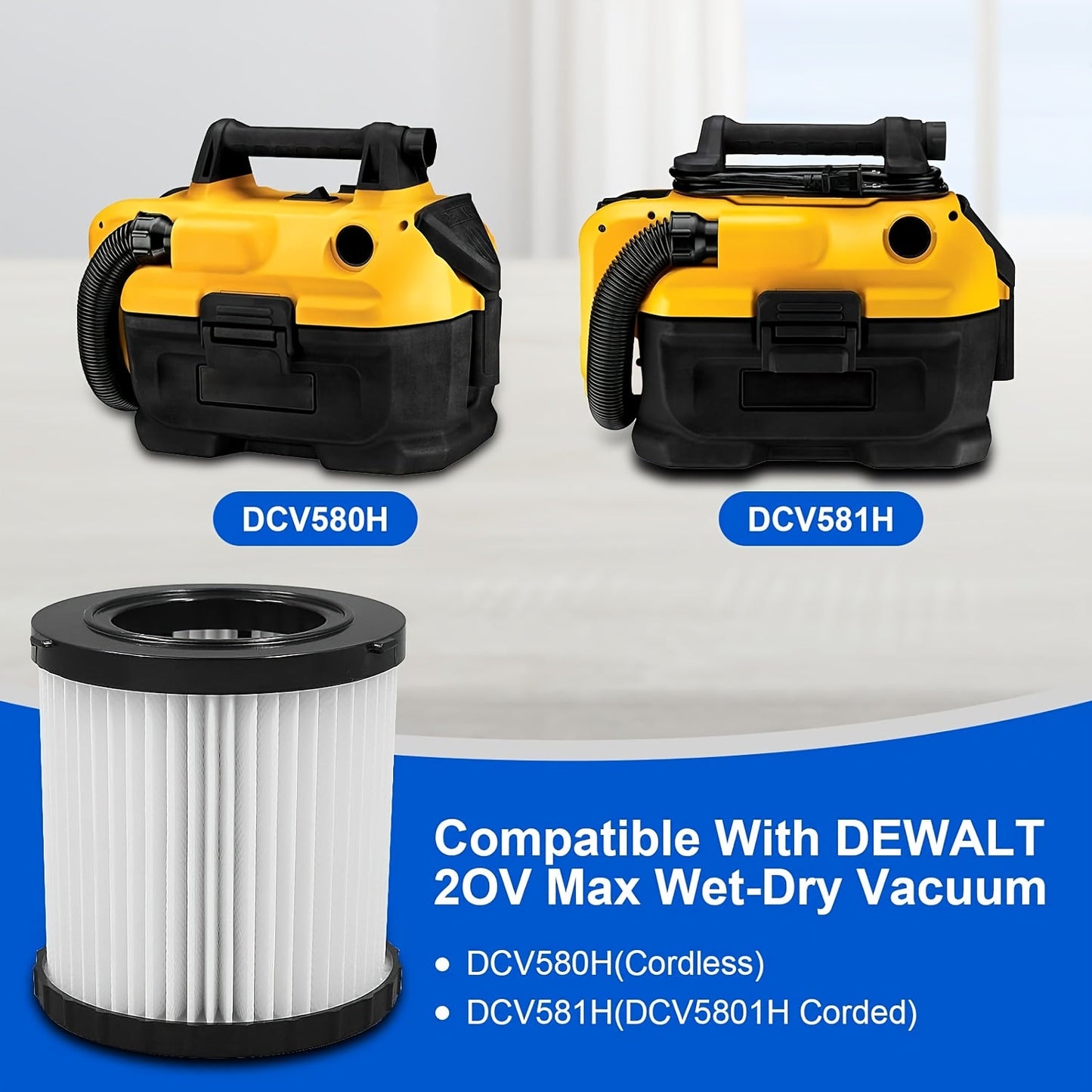 Replacement filter for Dewalt DCV580H, DCV581H, DCV5801H vacuums that is washable and high-efficiency, made of reusable plastic material.