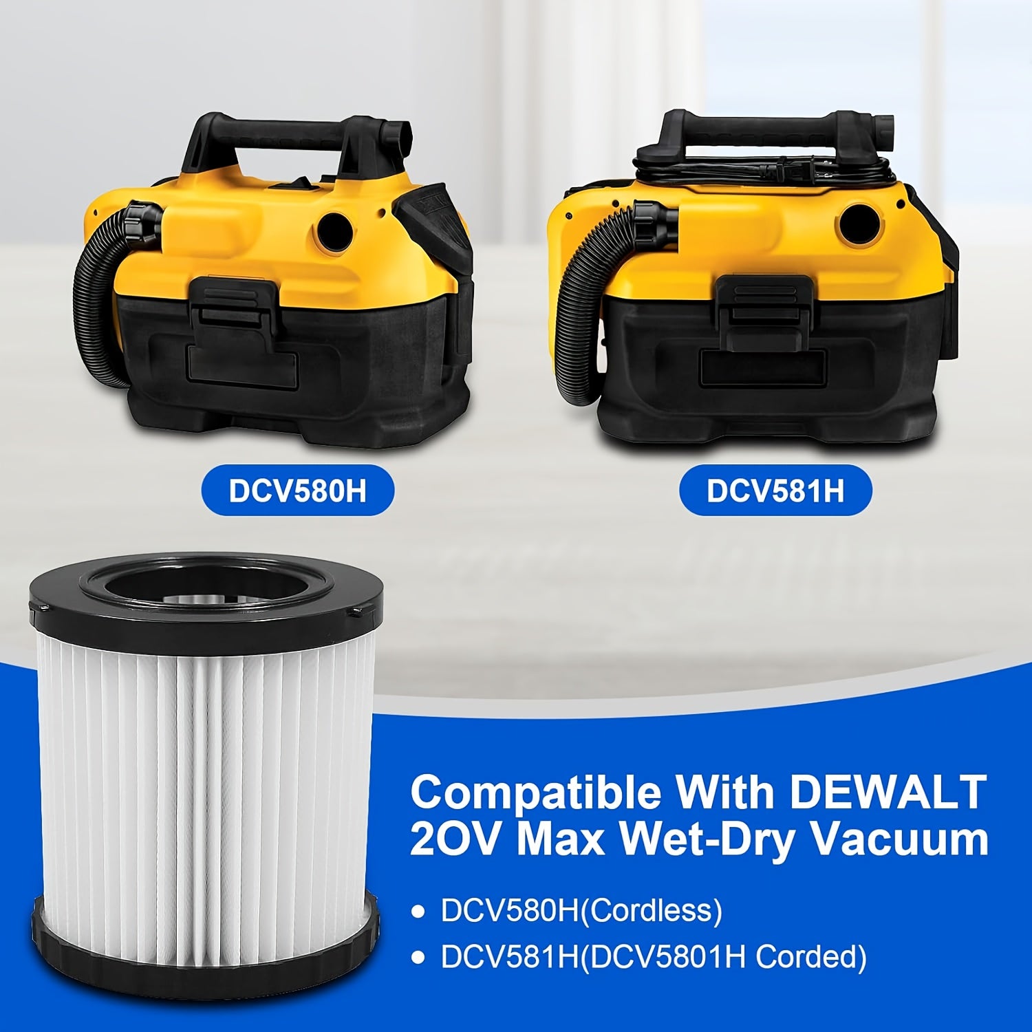 Durable Washable Vacuum Filter Compatible with Dewalt DCV580H, DCV581H, DCV5801H - Fits 20V Accessories, Reusable, 1 Piece