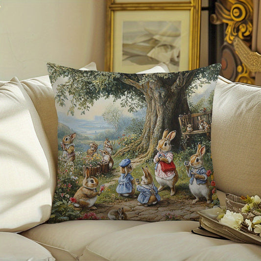 Vintage rabbit forest themed throw pillow cover, hypoallergenic polyester, machine washable, zipper closure, woven decorative cushion case, suitable for various rooms.