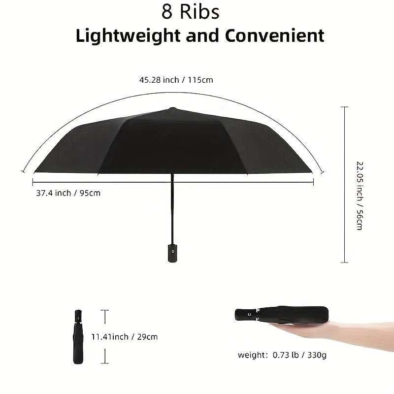 Essential for executives! Eight-bone automatic folding umbrella, windproof and rain-resistant. One-button operation for easy use in any weather. Available in navy blue, black, red, and dark