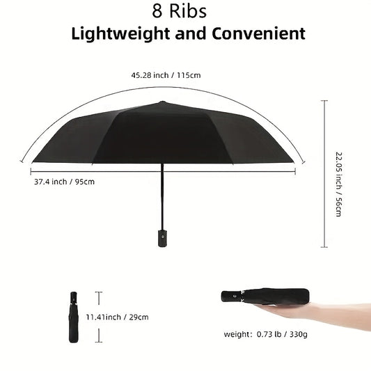 Essential for executives! Eight-bone automatic folding umbrella, windproof and rain-resistant. One-button operation for easy use in any weather. Available in navy blue, black, red, and dark