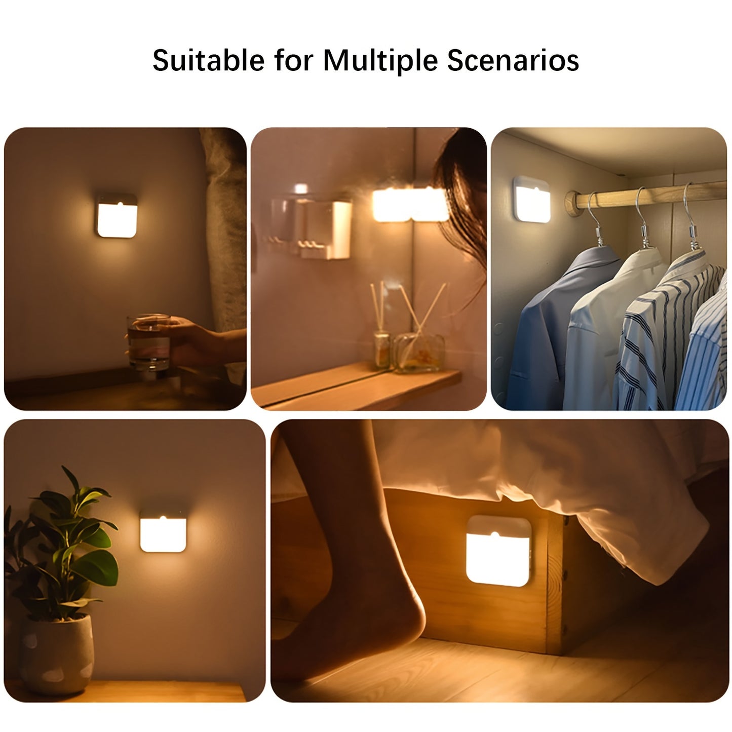 Shenzhi Tech LED motion sensor night light with 3 lighting modes and USB-C rechargeable, ideal for indoor use in various settings.