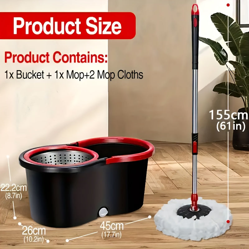 The Black Compact 360° Rotating Mop and Bucket Kit comes with Two Microfiber Mop Heads, a Adjustable Stainless Steel Handle, and a Cleaning System for Schools and Bathrooms.