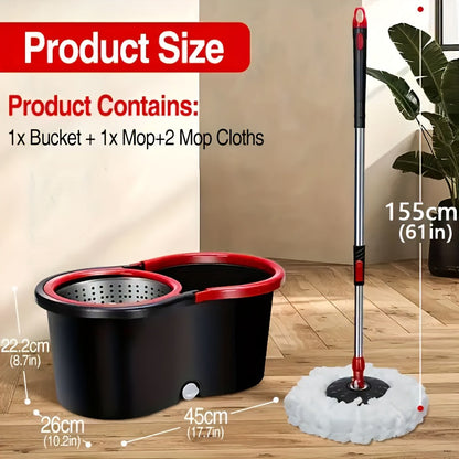 The Black Compact 360° Rotating Mop and Bucket Kit comes with Two Microfiber Mop Heads, a Adjustable Stainless Steel Handle, and a Cleaning System for Schools and Bathrooms.