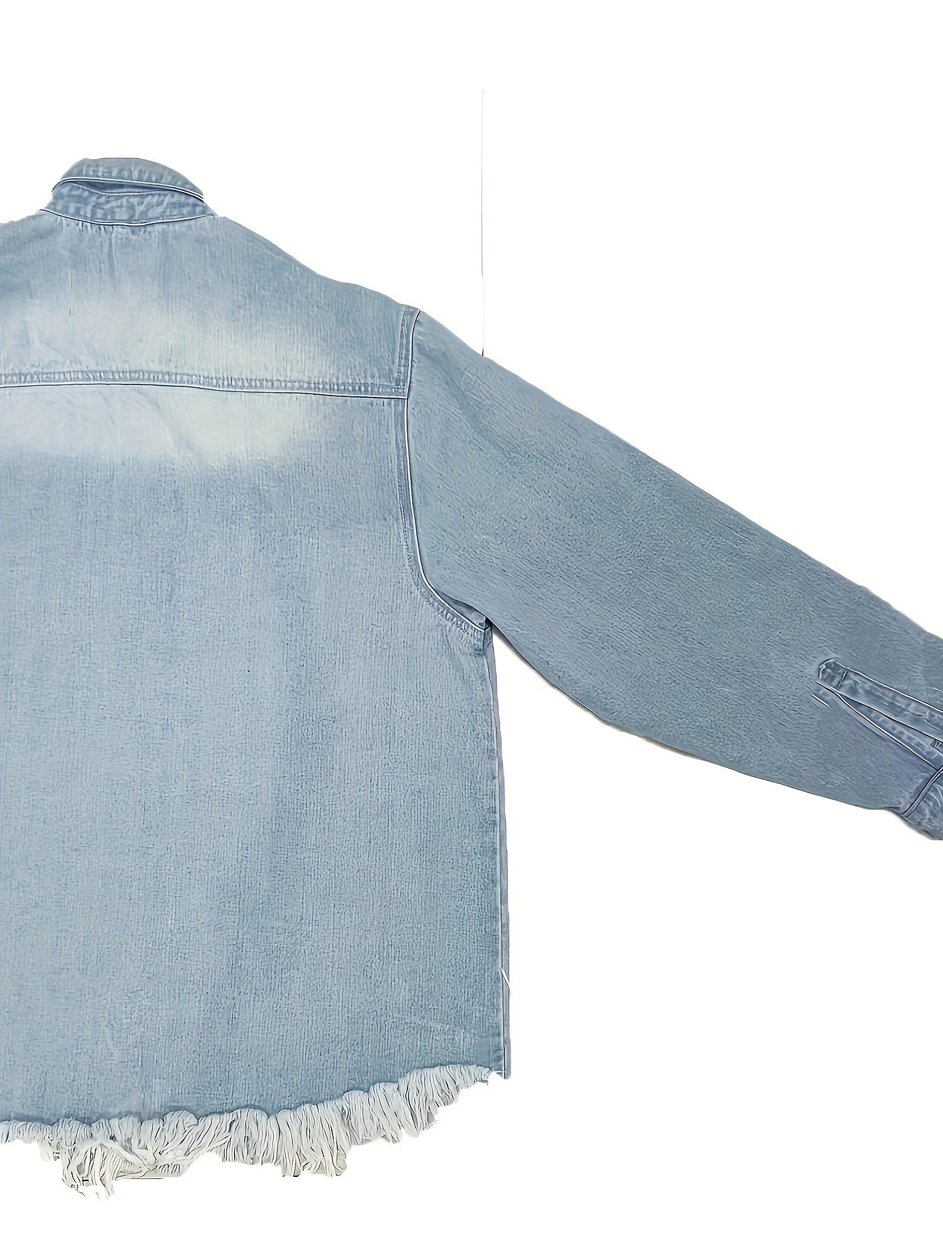 Women's oversized denim jacket with asymmetrical hem, lapel collar, and raw hem detail. Made from non-stretch 100% fabric, suitable for all seasons.