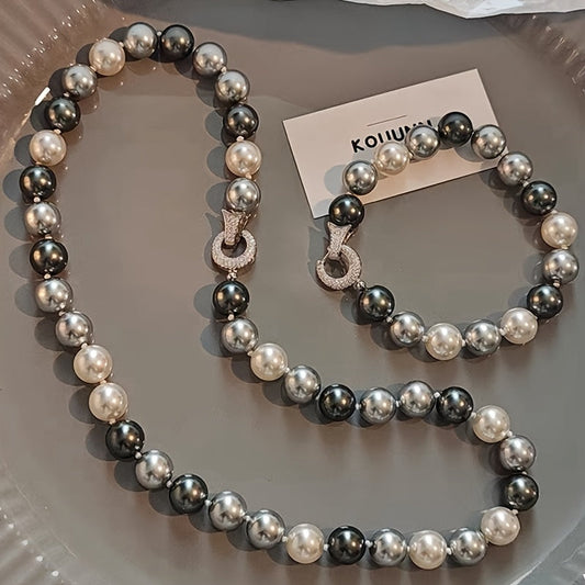 Vintage pearl necklace and bracelet set with a 10mm two-piece design. This versatile collarbone chain comes in mixed colors and is perfect for gifting on Valentine's Day or for daily wear. Ideal for women.