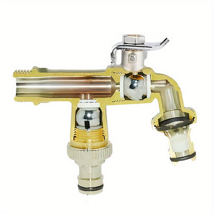 Durable brass faucet with dual outlets, anti-frost and rust-resistant. Easy single-handle installation for home and garden use, great for watering plants and washing cars.