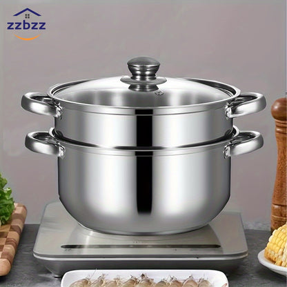 ZZBZZ 24.0cm Stainless Steel Steamer Pot Soup Pot - 2-in-1, Durable Double Layer with Steaming Basket. Compatible with Induction & Gas Stoves, Multi-Use for Home Kitchen Cookware.