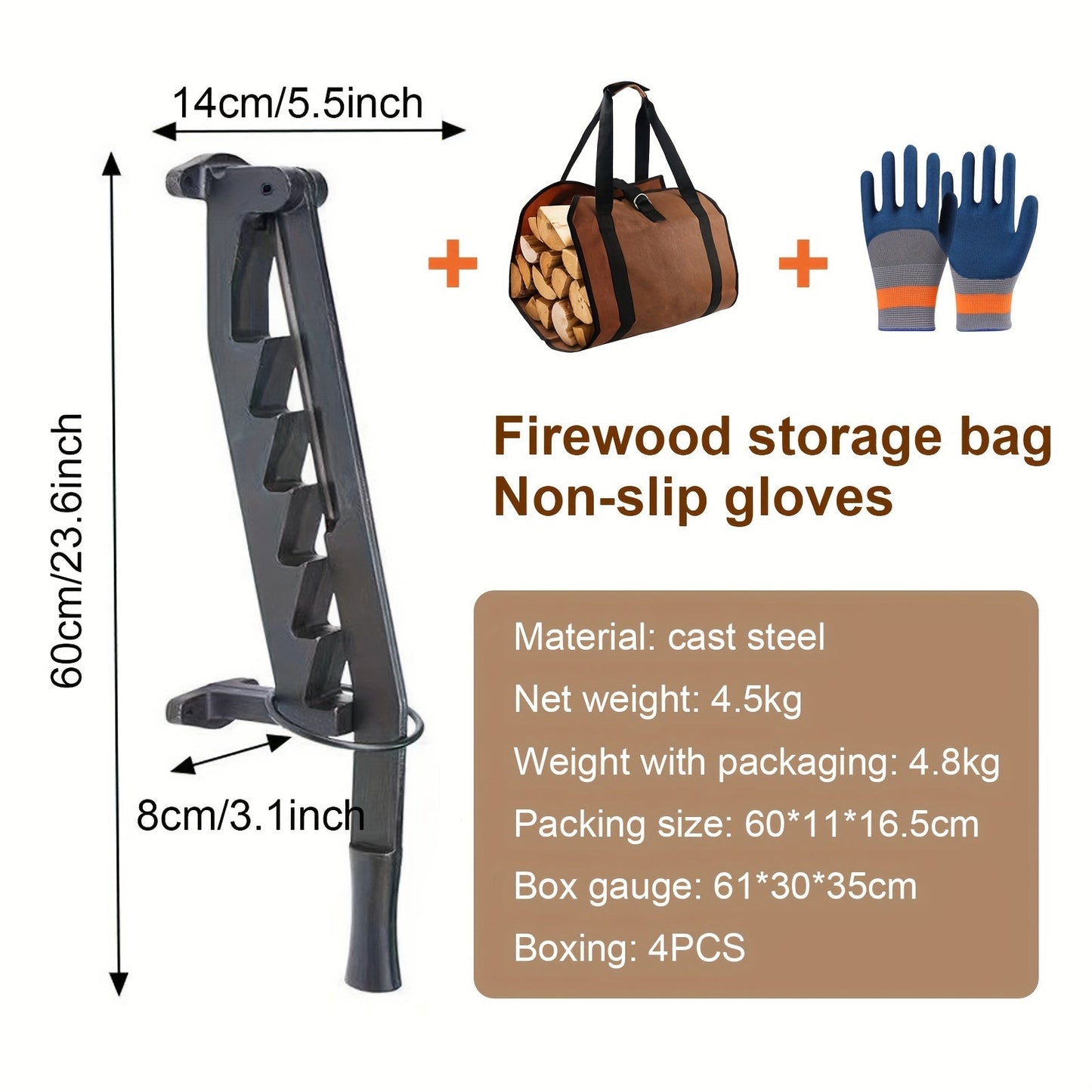 Firewood Splitter Kit: Mounts on Wall with Gloves and Storage Bag Included - Made of Strong Cast Iron, Ideal for Camping and Yard Work