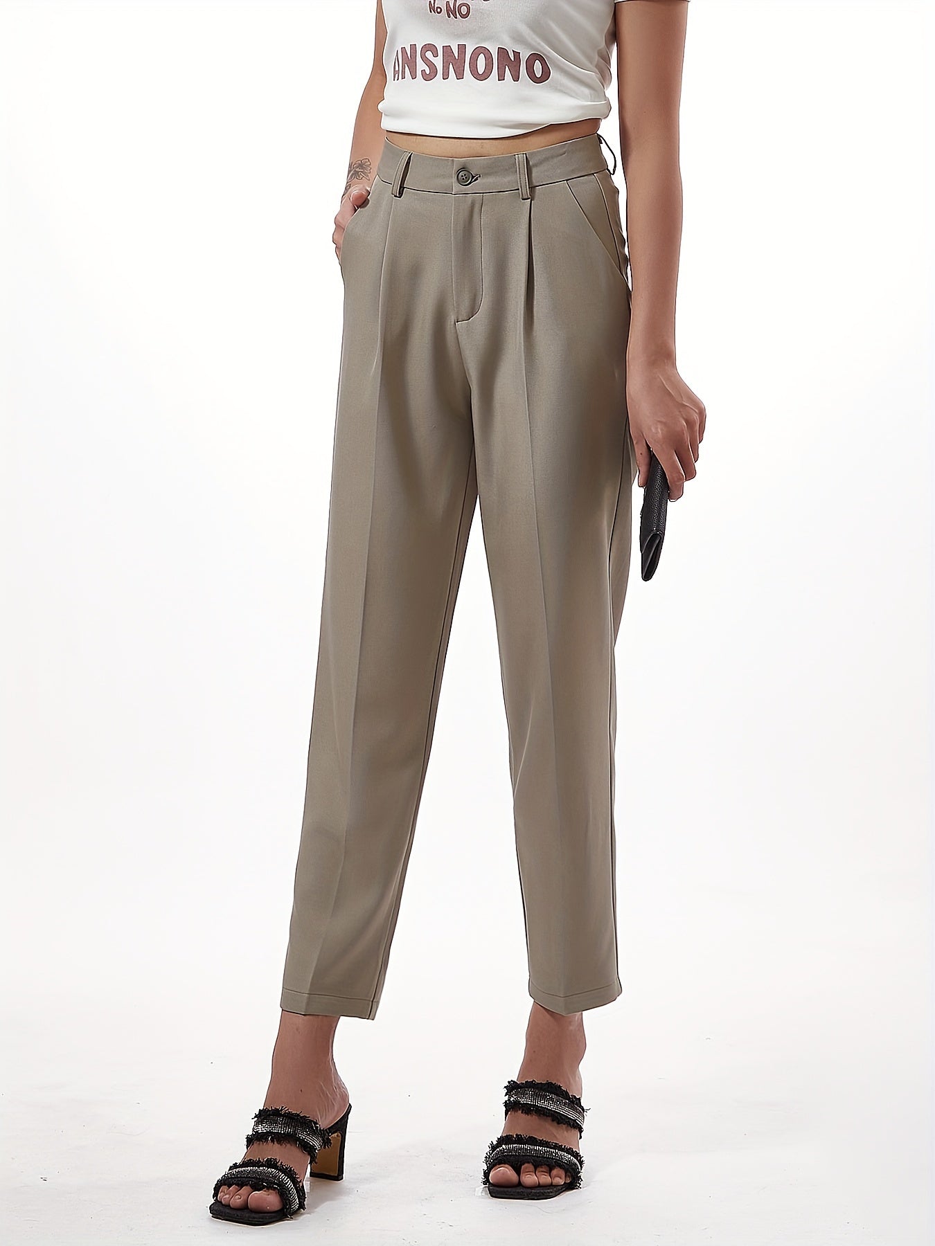 Pleated straight leg pants with pocket, casual cropped suit pants for women.