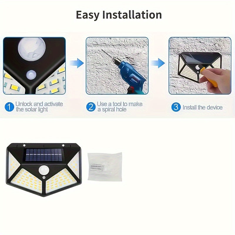 Solar lights outdoor in 1/2/4/6pcs, featuring 100LED with 3 modes and 270° lighting angle. Motion sensor security lights powered by solar energy, ideal for backyard, garden, fence, patio