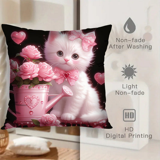 Set of 2 Charming Kitten & Floral Throw Pillow Covers - Made of Soft Polyester, Machine Washable - Ideal for Decorating Living Room, Bedroom, or Office - Size: 45.72x45.72 cm