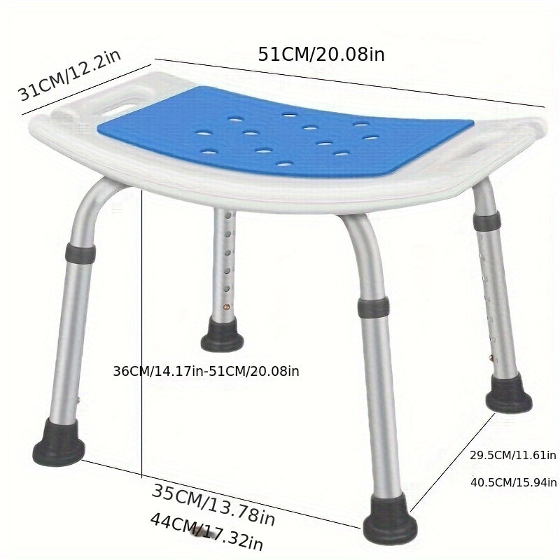 Adjustable height shower chair for elderly/disabled with tool-free assembly and anti-slip feet. Supports up to 158.76 KG. Ideal for bath and shower safety seating.